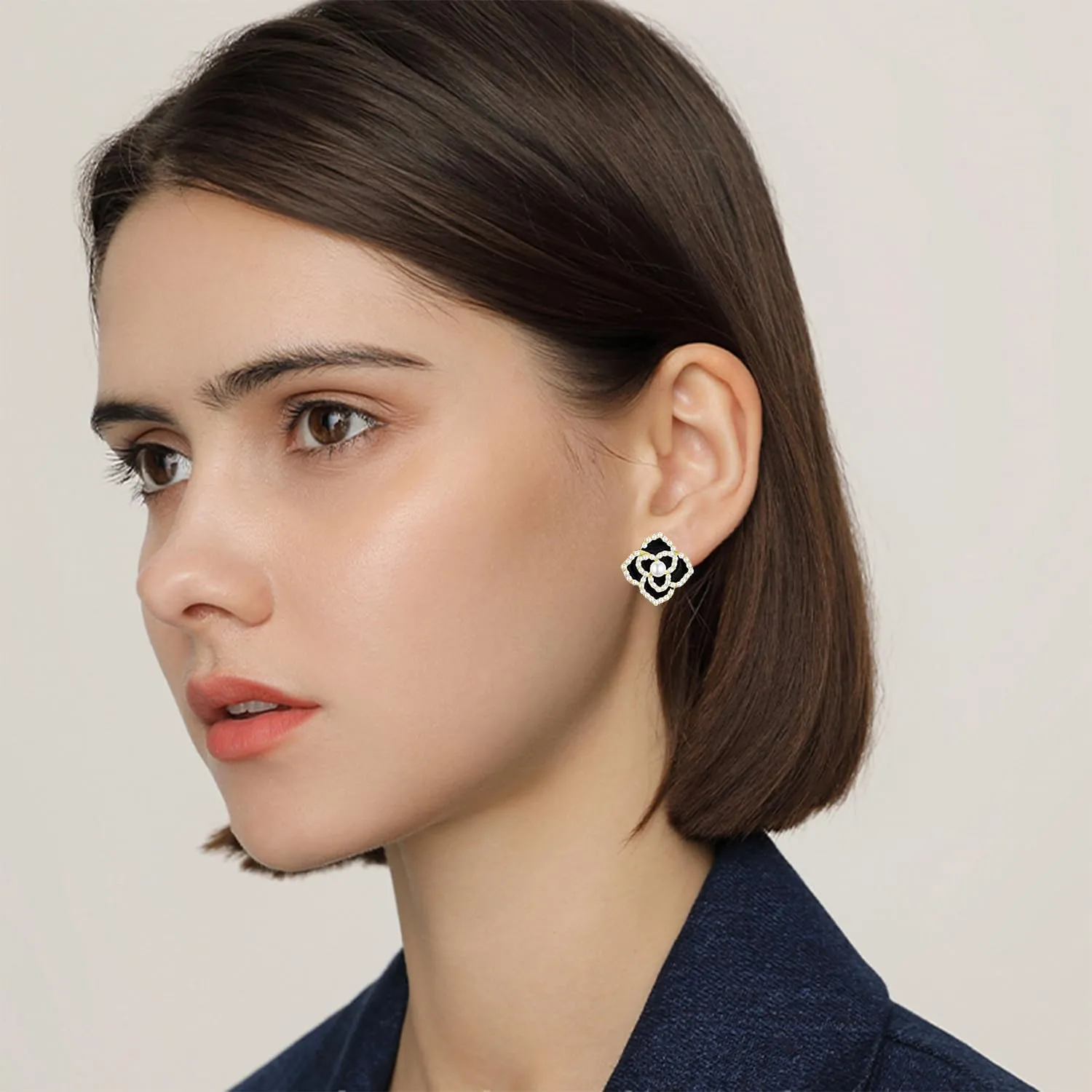 Handmade Minimalist Gold Sparkly Crystal Flower Stud Earrings Exquisite Elegant Camellia Flower Enamel Alloy Diamond Pearl Dangle Drop Earrings for Women Jewelry Gifts