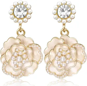 Handmade Minimalist Gold Sparkly Crystal Flower Stud Earrings Exquisite Elegant Camellia Flower Enamel Alloy Diamond Pearl Dangle Drop Earrings for Women Jewelry Gifts