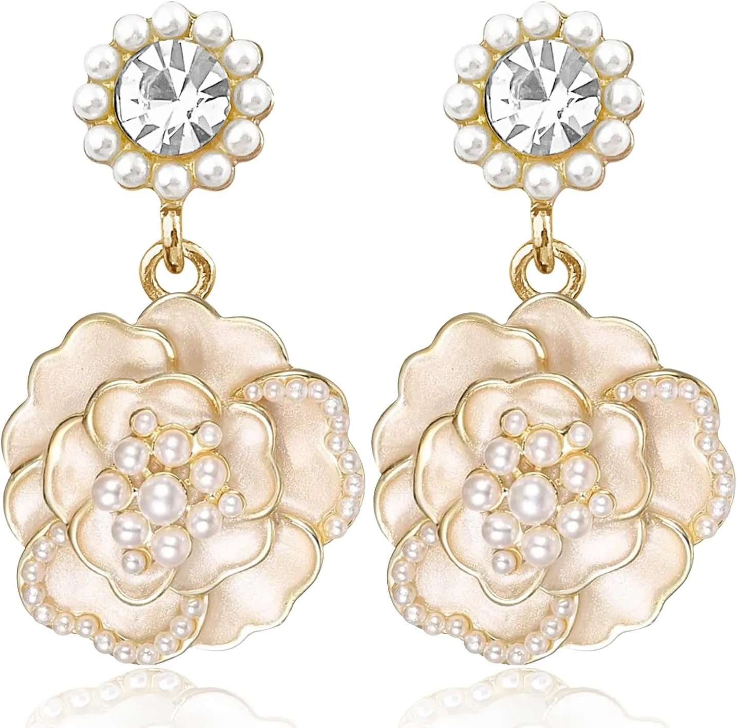 Handmade Minimalist Gold Sparkly Crystal Flower Stud Earrings Exquisite Elegant Camellia Flower Enamel Alloy Diamond Pearl Dangle Drop Earrings for Women Jewelry Gifts