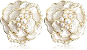Handmade Minimalist Gold Sparkly Crystal Flower Stud Earrings Exquisite Elegant Camellia Flower Enamel Alloy Diamond Pearl Dangle Drop Earrings for Women Jewelry Gifts