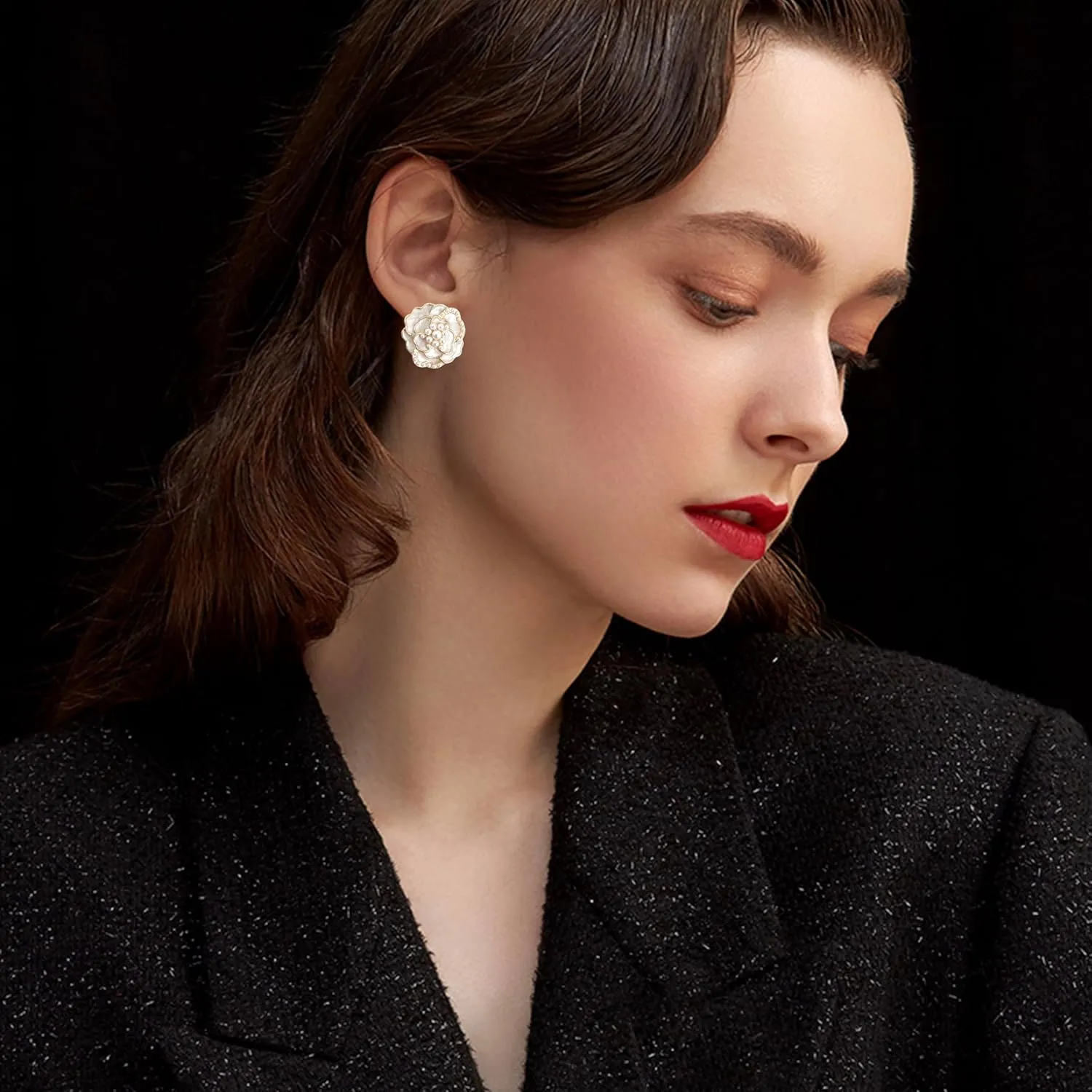 Handmade Minimalist Gold Sparkly Crystal Flower Stud Earrings Exquisite Elegant Camellia Flower Enamel Alloy Diamond Pearl Dangle Drop Earrings for Women Jewelry Gifts