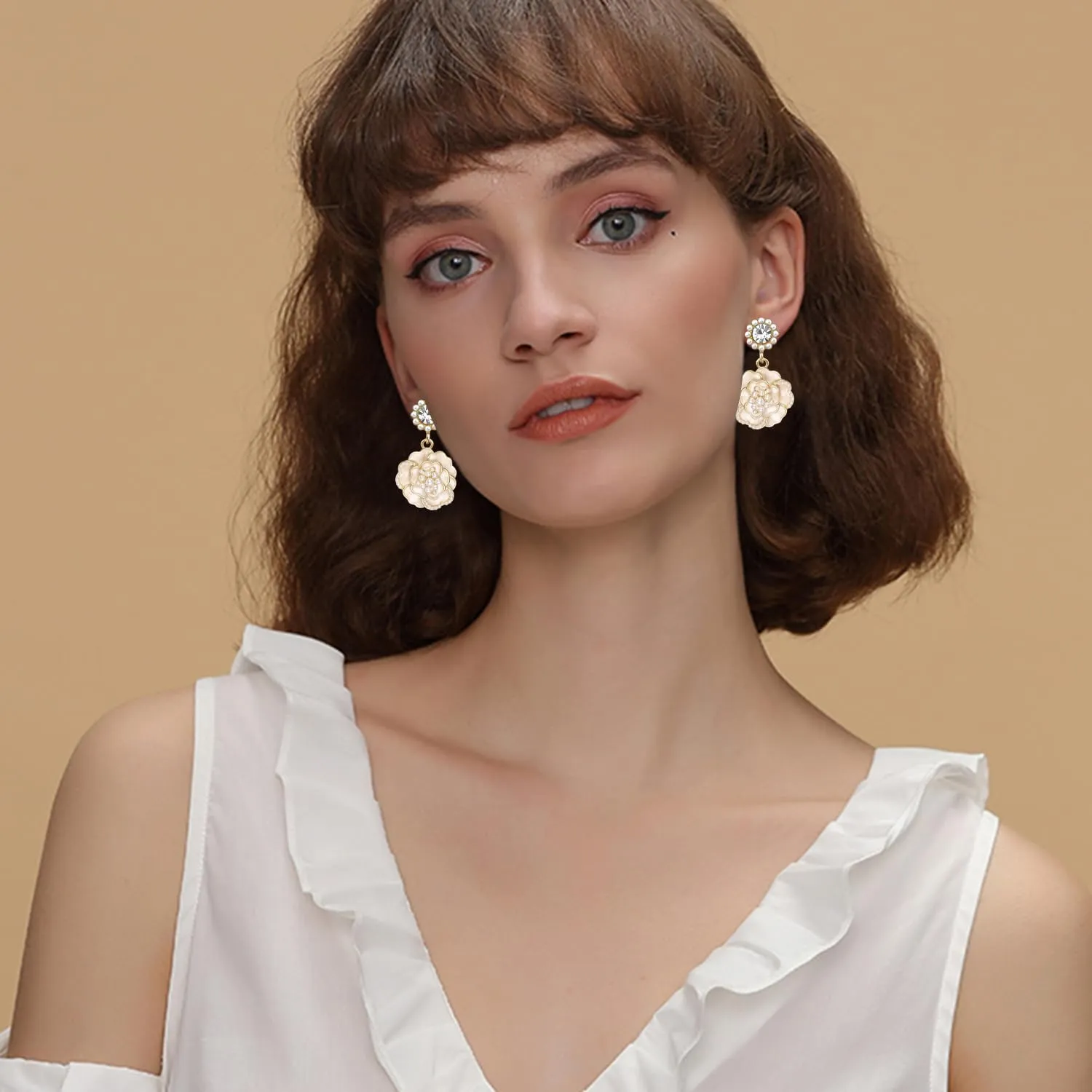 Handmade Minimalist Gold Sparkly Crystal Flower Stud Earrings Exquisite Elegant Camellia Flower Enamel Alloy Diamond Pearl Dangle Drop Earrings for Women Jewelry Gifts