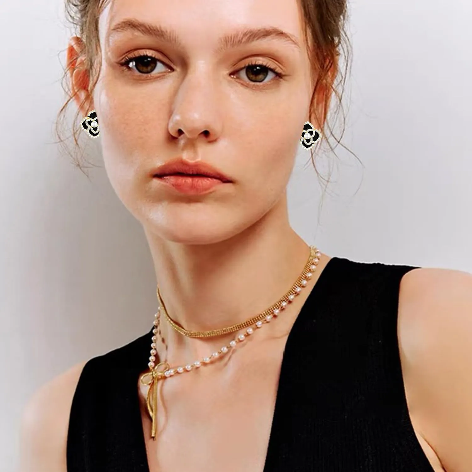 Handmade Minimalist Gold Sparkly Crystal Flower Stud Earrings Exquisite Elegant Camellia Flower Enamel Alloy Diamond Pearl Dangle Drop Earrings for Women Jewelry Gifts