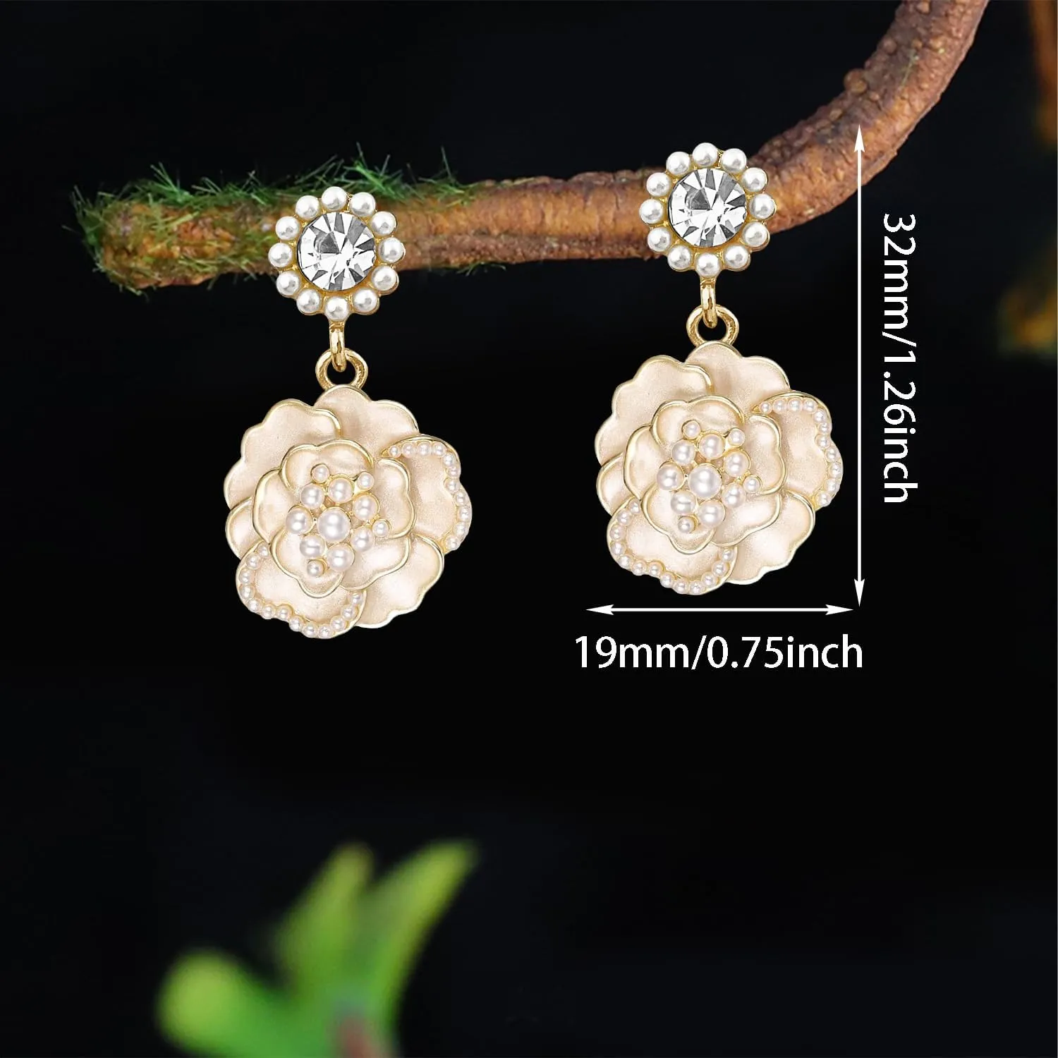 Handmade Minimalist Gold Sparkly Crystal Flower Stud Earrings Exquisite Elegant Camellia Flower Enamel Alloy Diamond Pearl Dangle Drop Earrings for Women Jewelry Gifts