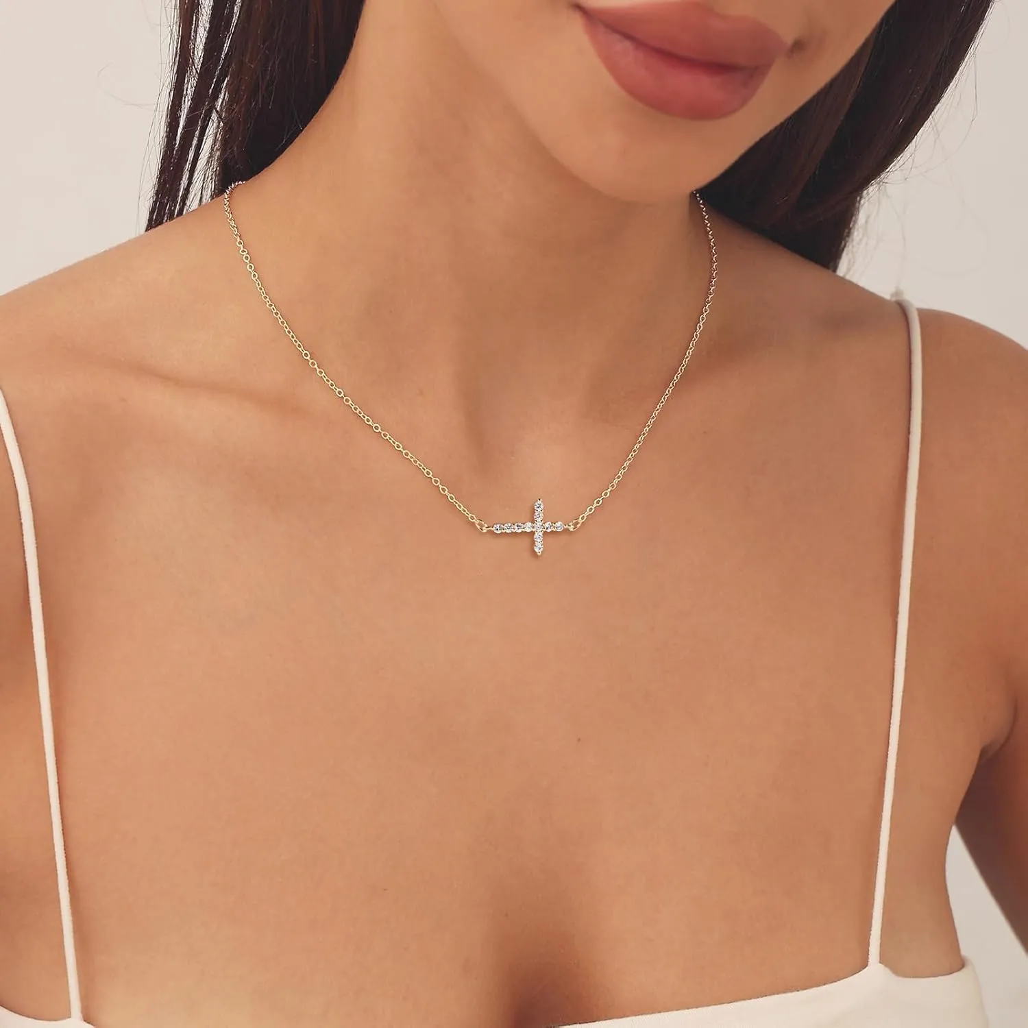 HANLI Cross Necklace, 14k Gold/Silver Plated Dainty Cross with Cubic ZirconiaStone