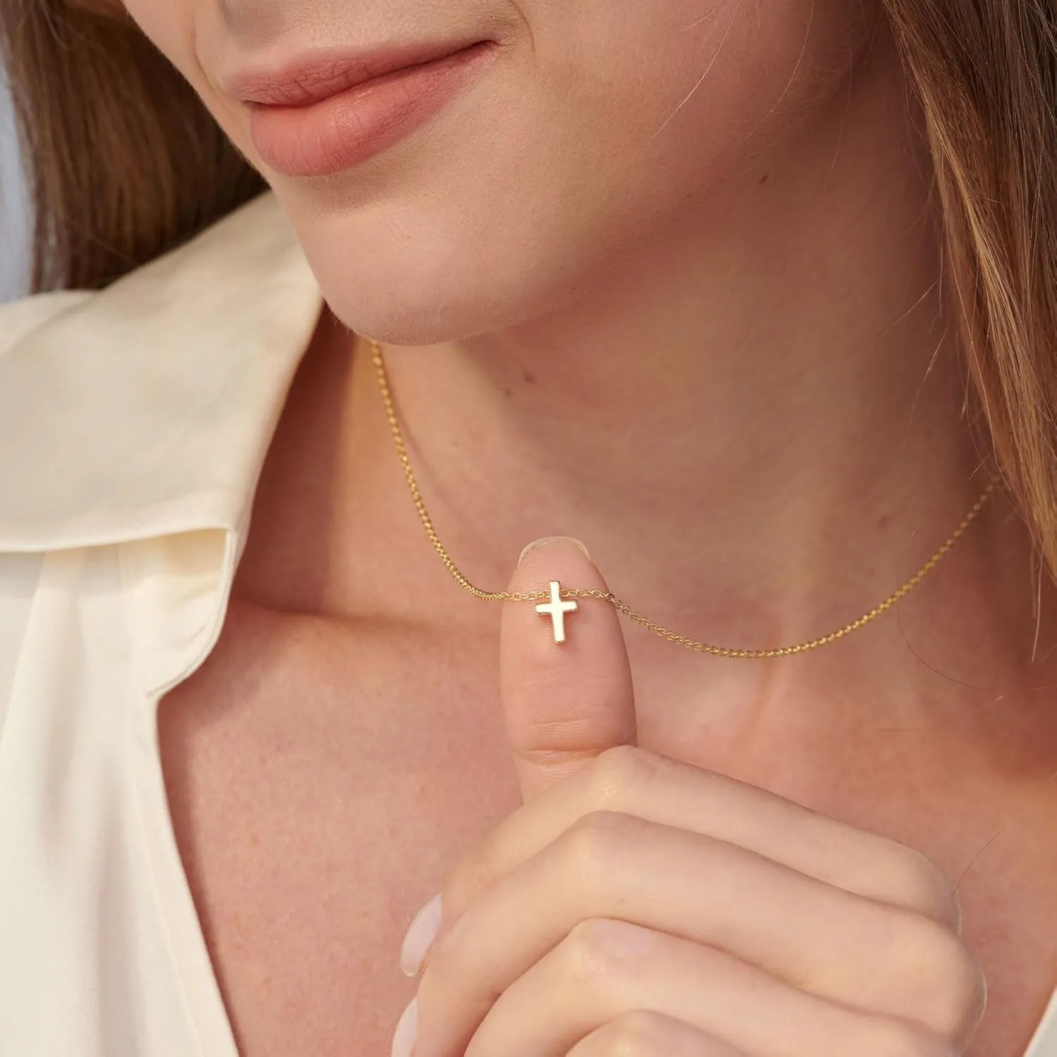 HANLI Cross Necklace, 14k Gold/Silver Plated Dainty Cross with Cubic ZirconiaStone