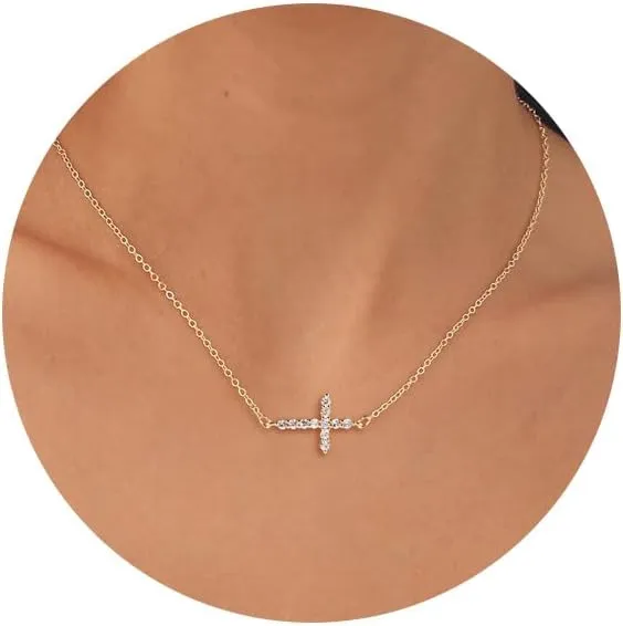 HANLI Cross Necklace, 14k Gold/Silver Plated Dainty Cross with Cubic ZirconiaStone