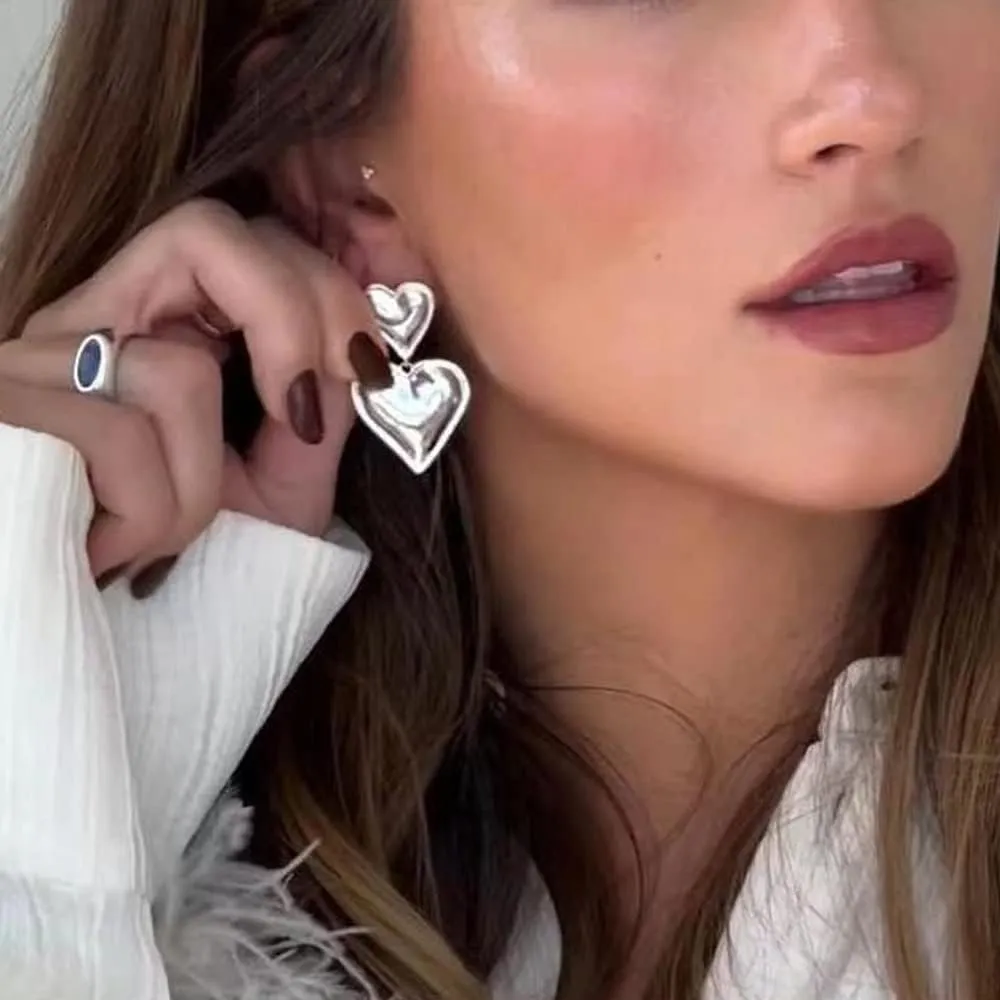 Heart Drop Earrings Double Heart Statement Dangle Earrings for Women Gold Silver