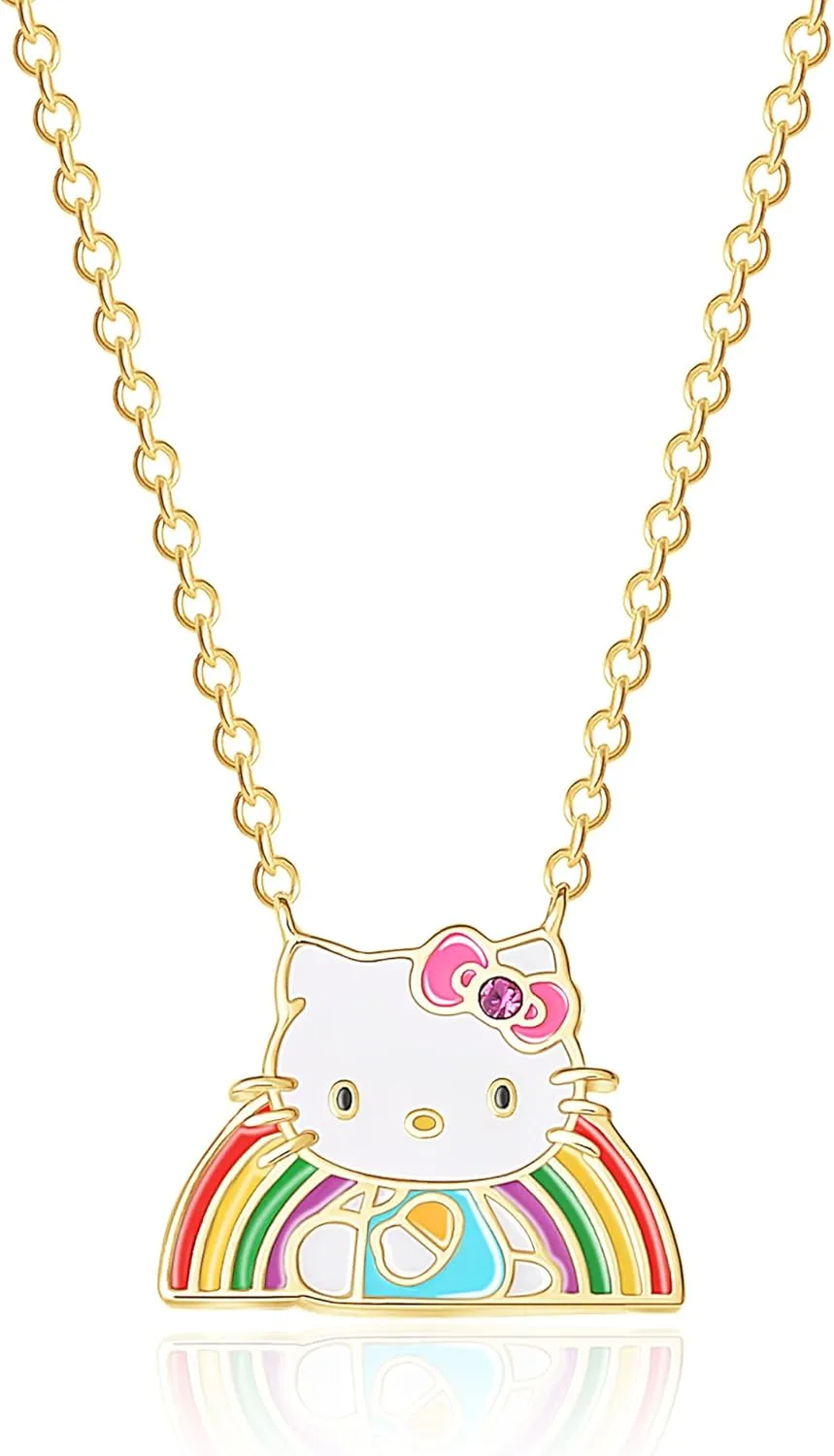 Hello Kitty Sanrio Women's Necklace Collection  18" 18kt Gold Flash-Plated Necklaces with Rainbow, Enamel, and Crystal Pendants, Officially Licensed