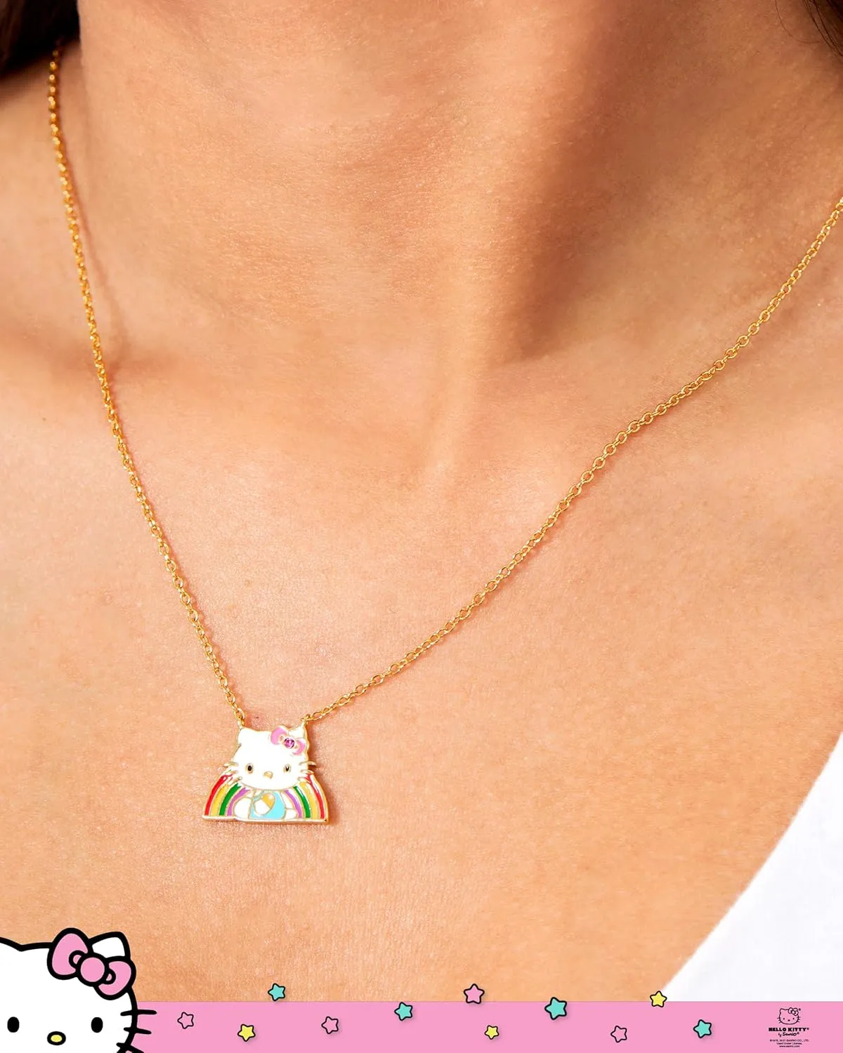 Hello Kitty Sanrio Women's Necklace Collection  18" 18kt Gold Flash-Plated Necklaces with Rainbow, Enamel, and Crystal Pendants, Officially Licensed
