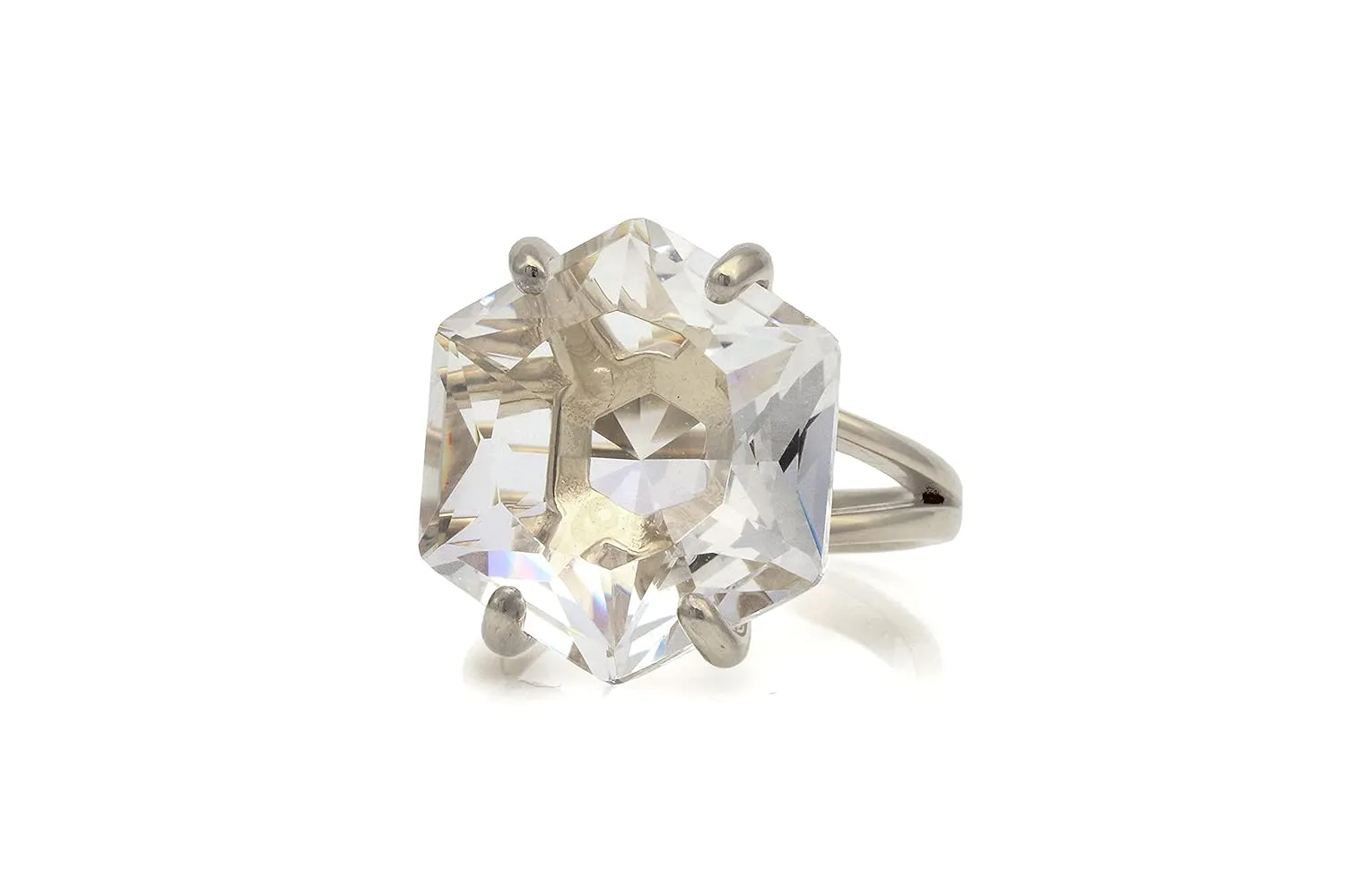 Hexagon Clear Quartz in Prongs - Custom Sterling Silver Engagement Statement Ring - Handmade Gemstone Jewelry for Women