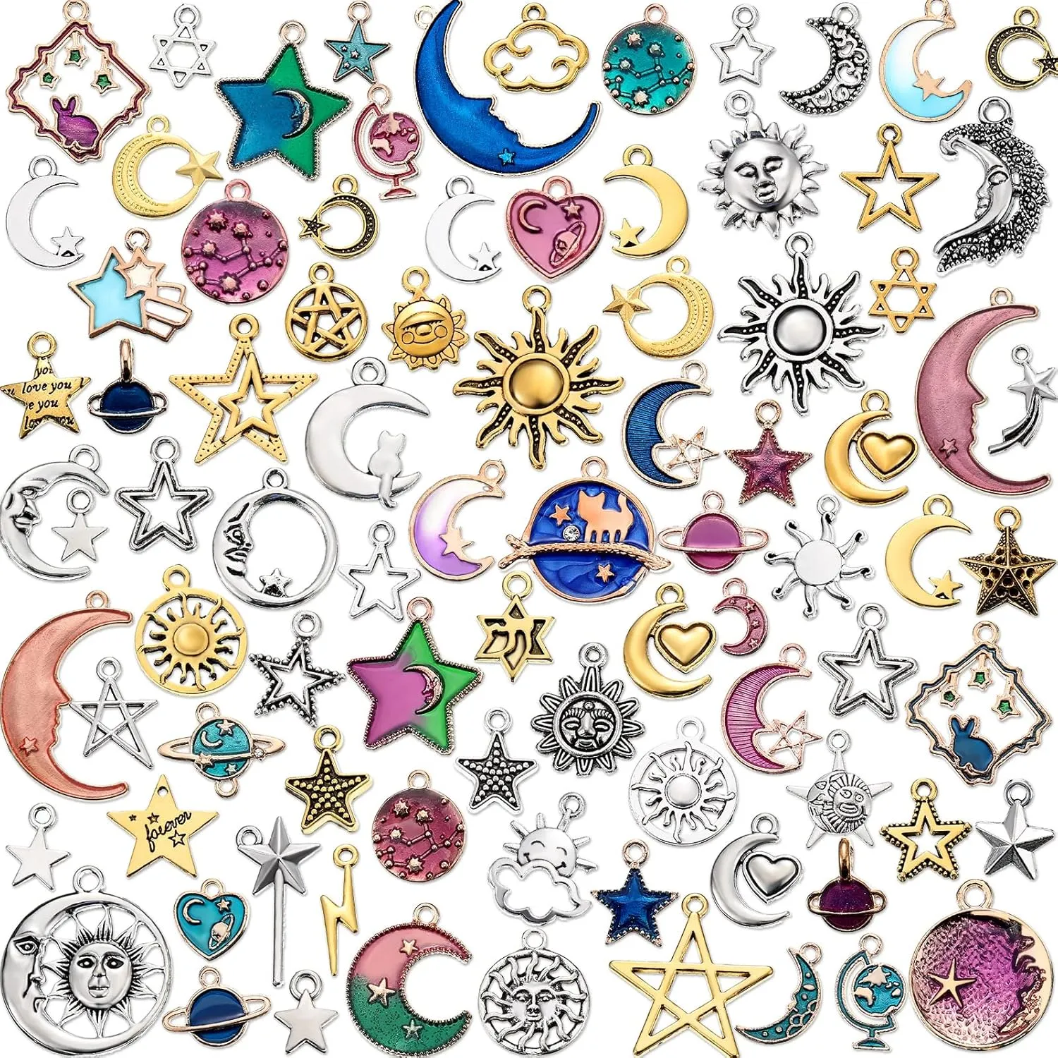 Hicarer 160 Pcs Bracelet Charms, Mixed Antique Sun Star Moon Charm Pendant Plated Enamel Celestial Charm for Jewelry Making