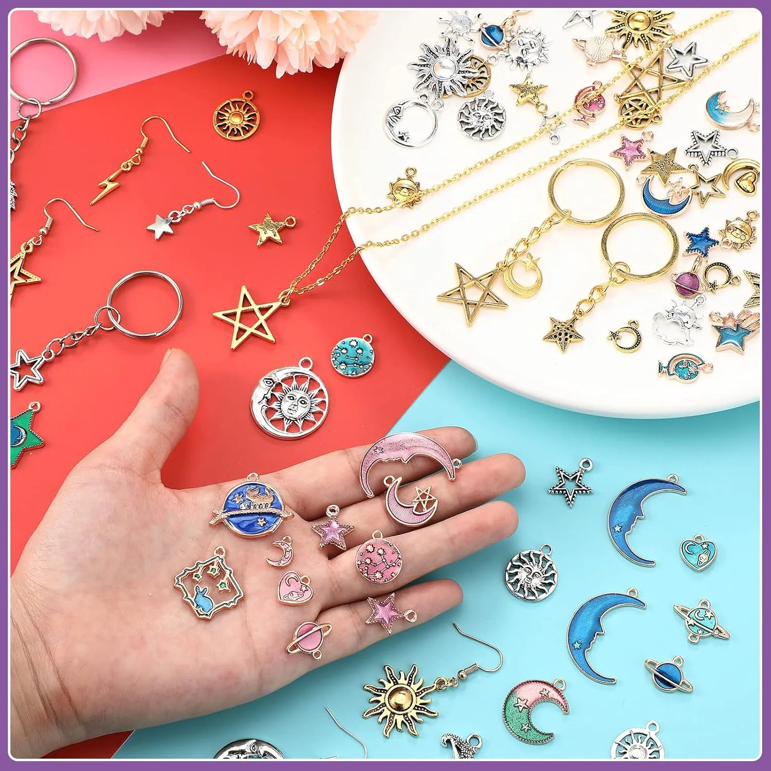 Hicarer 160 Pcs Bracelet Charms, Mixed Antique Sun Star Moon Charm Pendant Plated Enamel Celestial Charm for Jewelry Making