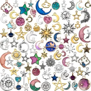 Hicarer 160 Pcs Bracelet Charms, Mixed Antique Sun Star Moon Charm Pendant Plated Enamel Celestial Charm for Jewelry Making