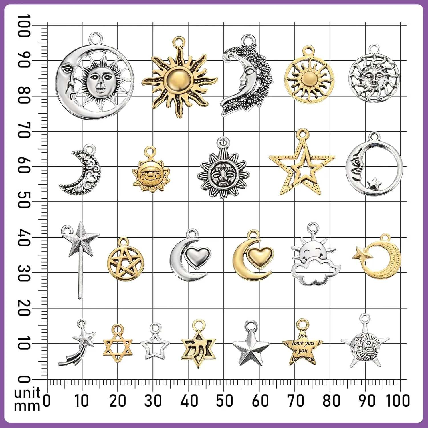 Hicarer 160 Pcs Bracelet Charms, Mixed Antique Sun Star Moon Charm Pendant Plated Enamel Celestial Charm for Jewelry Making