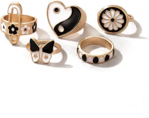 HUJUON 5Pcs Colorful Enamel Love Heart Band Rings Sets,Cute Mushroom Daisy Flower Taiji Yinyang Windmill Butterflye Knuckle Stacking Finger Ring for Women