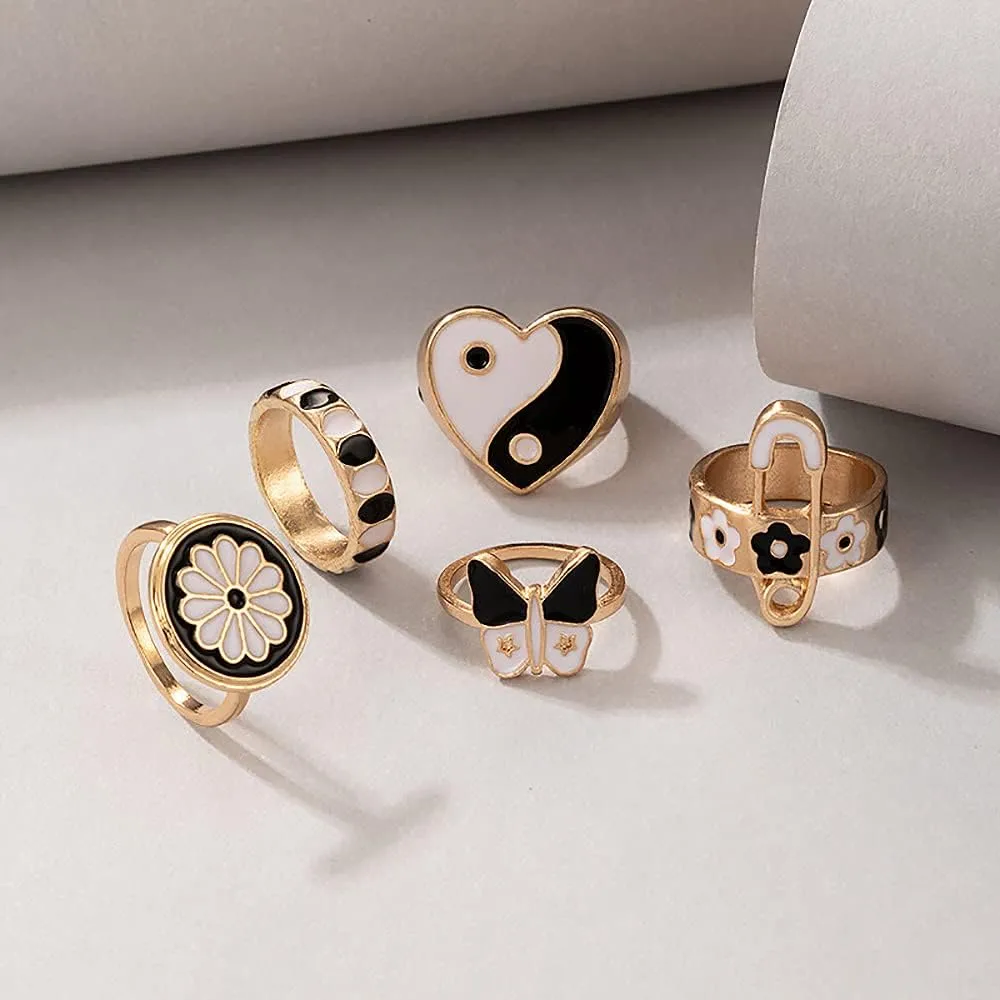 HUJUON 5Pcs Colorful Enamel Love Heart Band Rings Sets,Cute Mushroom Daisy Flower Taiji Yinyang Windmill Butterflye Knuckle Stacking Finger Ring for Women