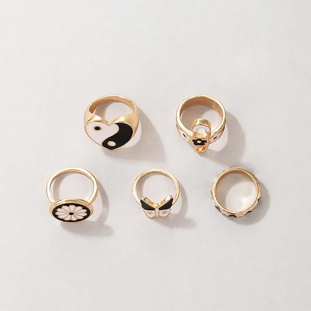 HUJUON 5Pcs Colorful Enamel Love Heart Band Rings Sets,Cute Mushroom Daisy Flower Taiji Yinyang Windmill Butterflye Knuckle Stacking Finger Ring for Women