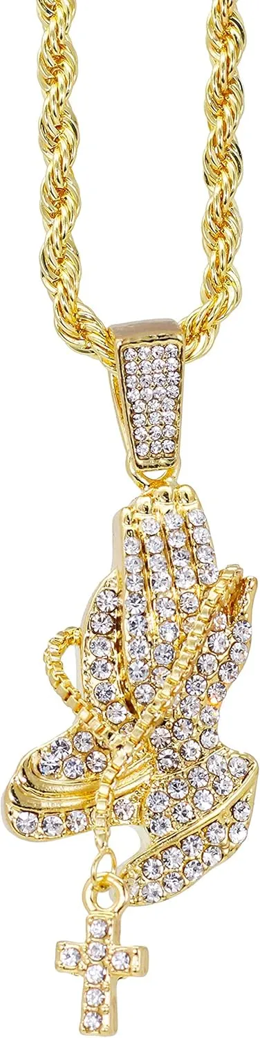 Iced Out Religion Pendant with 20 inch Tennis Chain or 20 inch Rope Chain - 14k Gold or Silver Tone Bling Pendant - Praying Hand, Cross, Angel, Blessed, or Last Supper