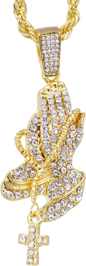 Iced Out Religion Pendant with 20 inch Tennis Chain or 20 inch Rope Chain - 14k Gold or Silver Tone Bling Pendant - Praying Hand, Cross, Angel, Blessed, or Last Supper