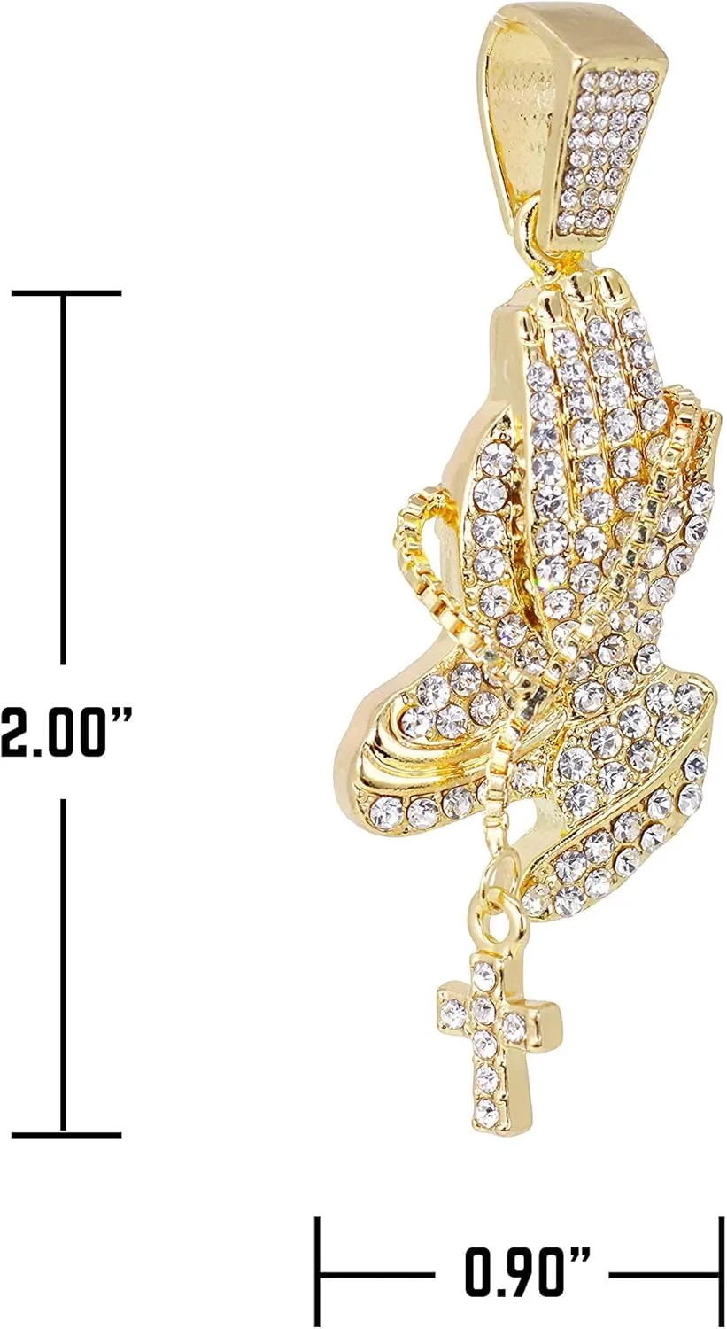 Iced Out Religion Pendant with 20 inch Tennis Chain or 20 inch Rope Chain - 14k Gold or Silver Tone Bling Pendant - Praying Hand, Cross, Angel, Blessed, or Last Supper