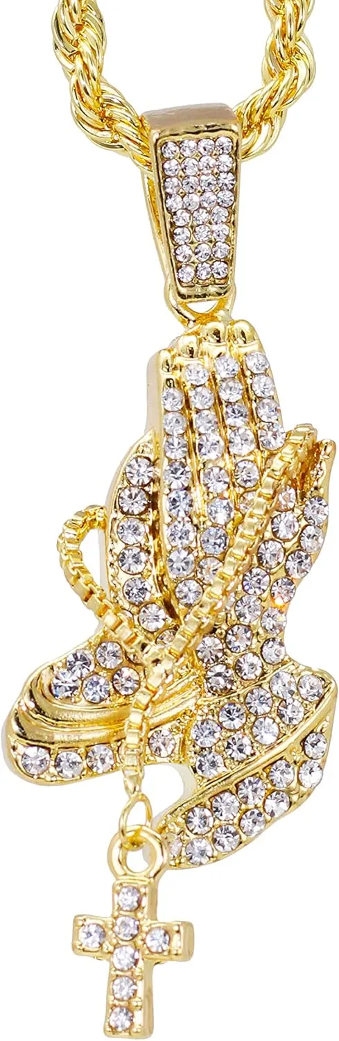 Iced Out Religion Pendant with 20 inch Tennis Chain or 20 inch Rope Chain - 14k Gold or Silver Tone Bling Pendant - Praying Hand, Cross, Angel, Blessed, or Last Supper