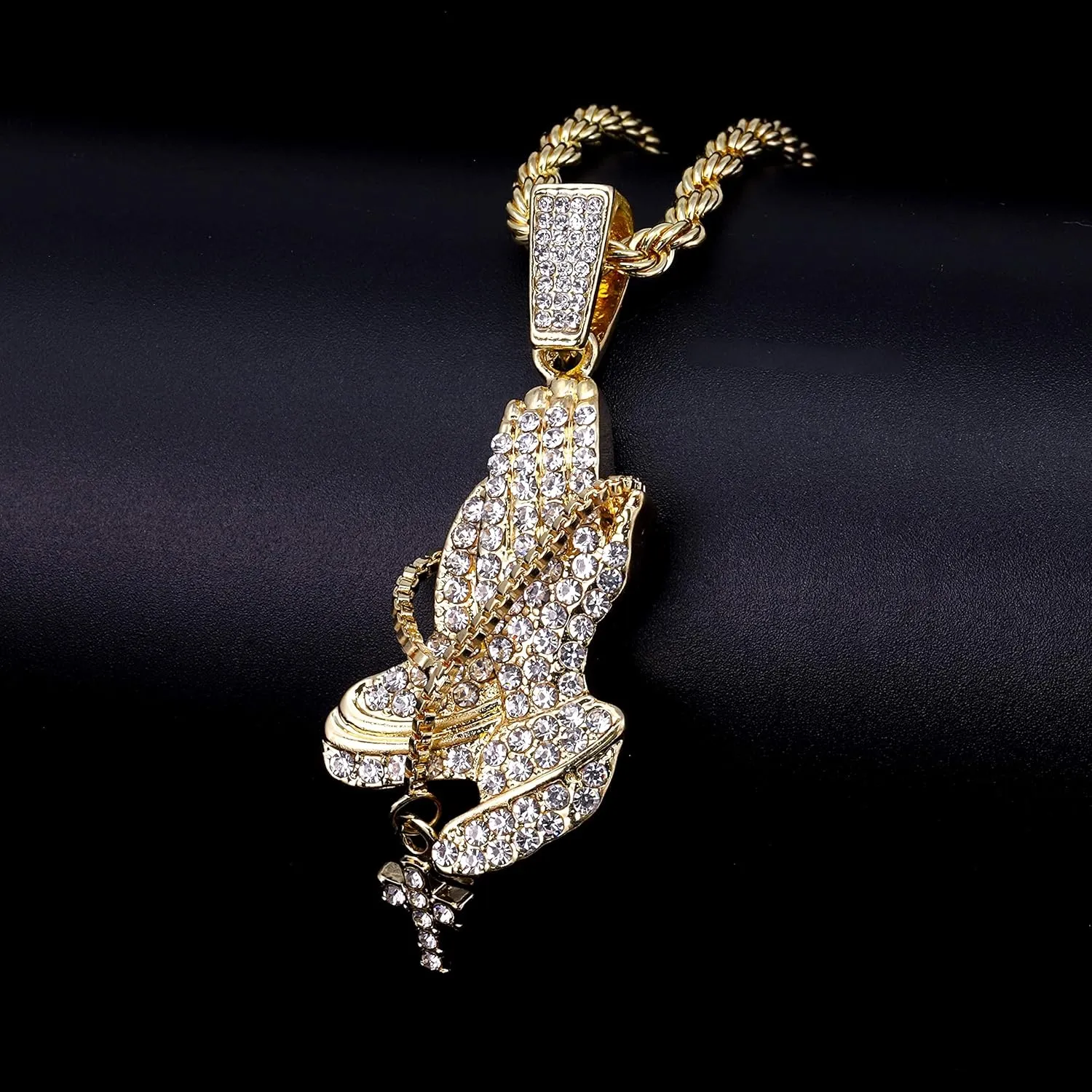 Iced Out Religion Pendant with 20 inch Tennis Chain or 20 inch Rope Chain - 14k Gold or Silver Tone Bling Pendant - Praying Hand, Cross, Angel, Blessed, or Last Supper