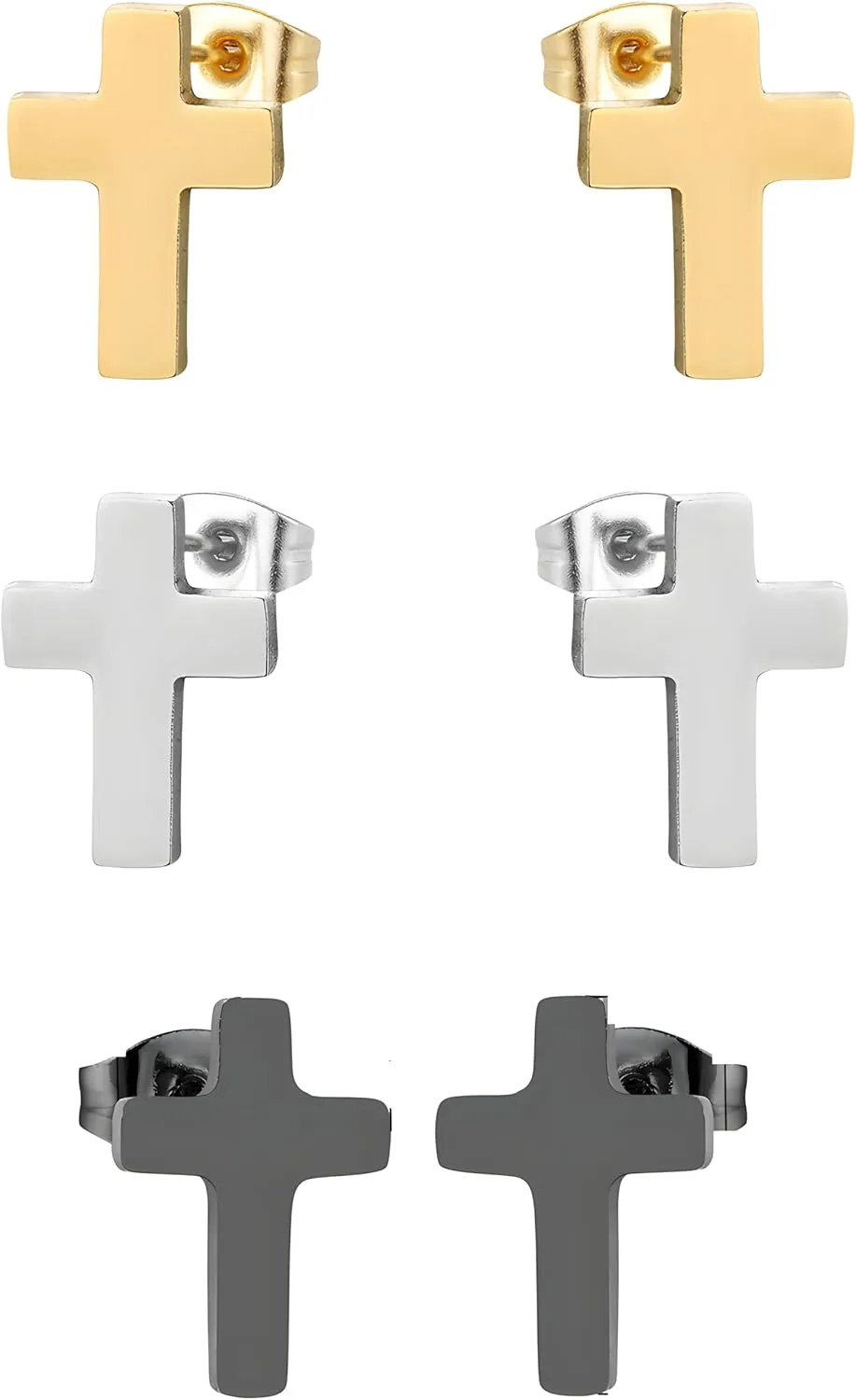 IDB Stainless Steel Small Religious Cross Stud Earrings For Men or Women - Approx. 3/8 inch (0.4" / 10mm) - Cute Festive Christian Studs in Gold | Silver | Black | 3 Pair Pack