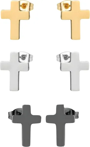 IDB Stainless Steel Small Religious Cross Stud Earrings For Men or Women - Approx. 3/8 inch (0.4" / 10mm) - Cute Festive Christian Studs in Gold | Silver | Black | 3 Pair Pack