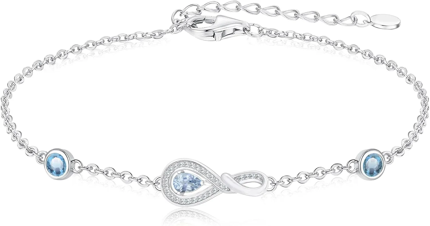 Infinity Birthstone Bracelets for Women, Platinum Plated Silver Dainty Birthstone Bracelet with 3 Zirconia Gemstones, Birthday Gifts for Women, Mother, Wife, Grandmother