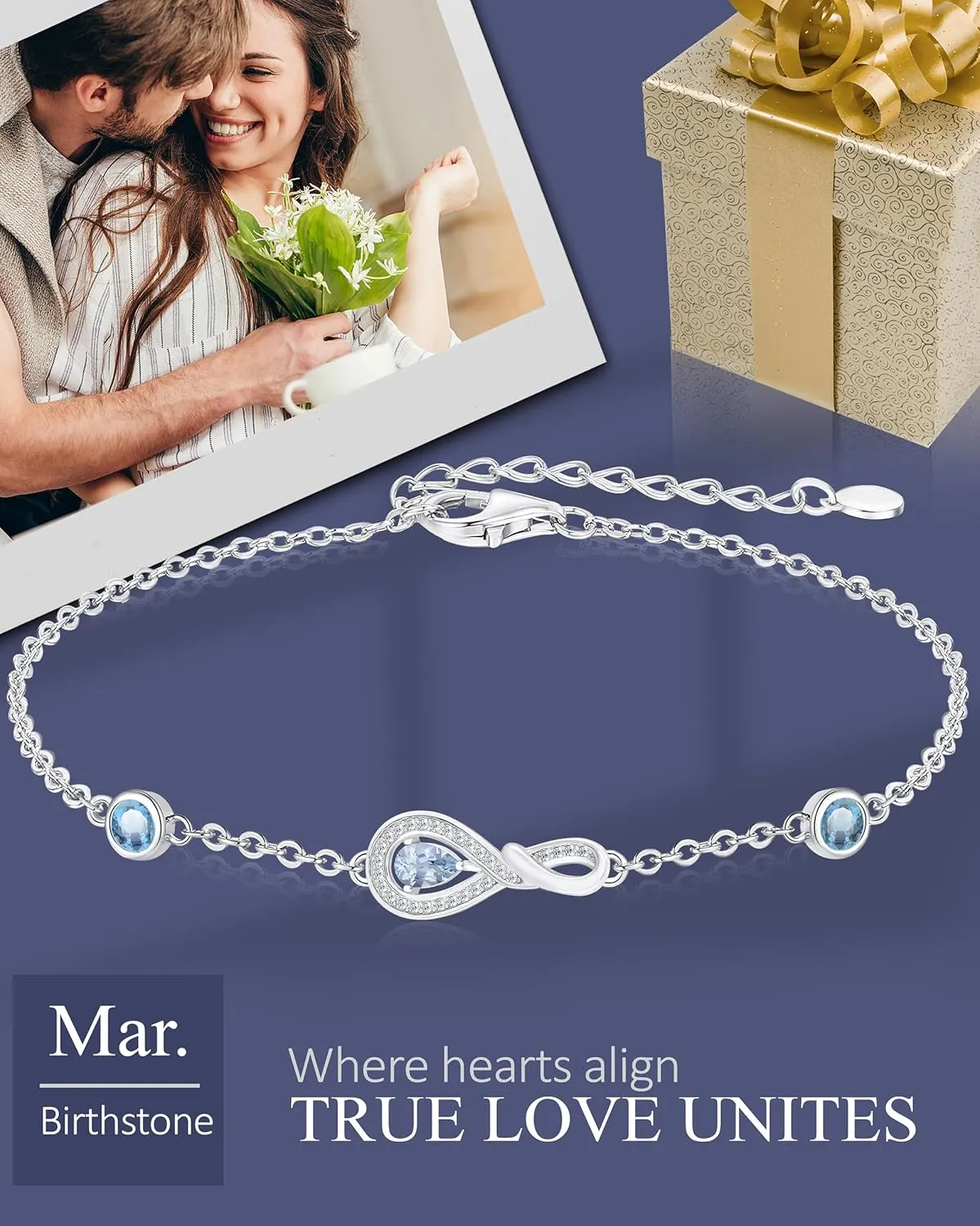 Infinity Birthstone Bracelets for Women, Platinum Plated Silver Dainty Birthstone Bracelet with 3 Zirconia Gemstones, Birthday Gifts for Women, Mother, Wife, Grandmother