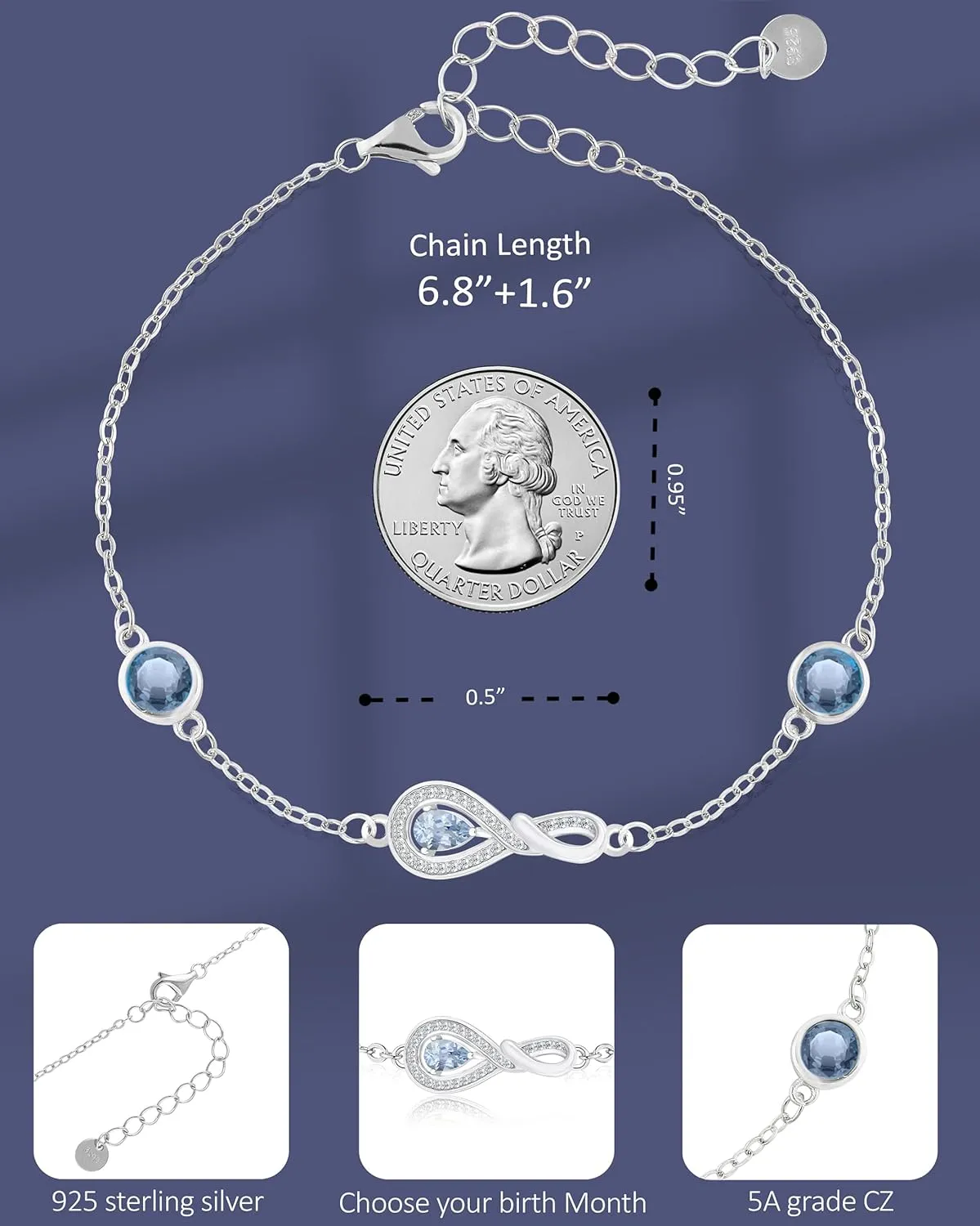 Infinity Birthstone Bracelets for Women, Platinum Plated Silver Dainty Birthstone Bracelet with 3 Zirconia Gemstones, Birthday Gifts for Women, Mother, Wife, Grandmother