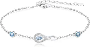 Infinity Birthstone Bracelets for Women, Platinum Plated Silver Dainty Birthstone Bracelet with 3 Zirconia Gemstones, Birthday Gifts for Women, Mother, Wife, Grandmother