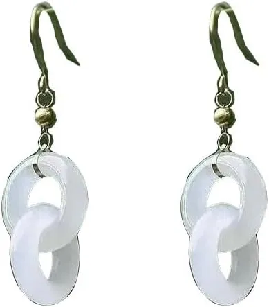 Jade Earrings,Dangle Drop Earring,Hotan Jade Ring Earrings for Women Classical Vintage Temperament Chinese National Style White Ear Hoop Jewelry Exquisite Jewelry Gifts