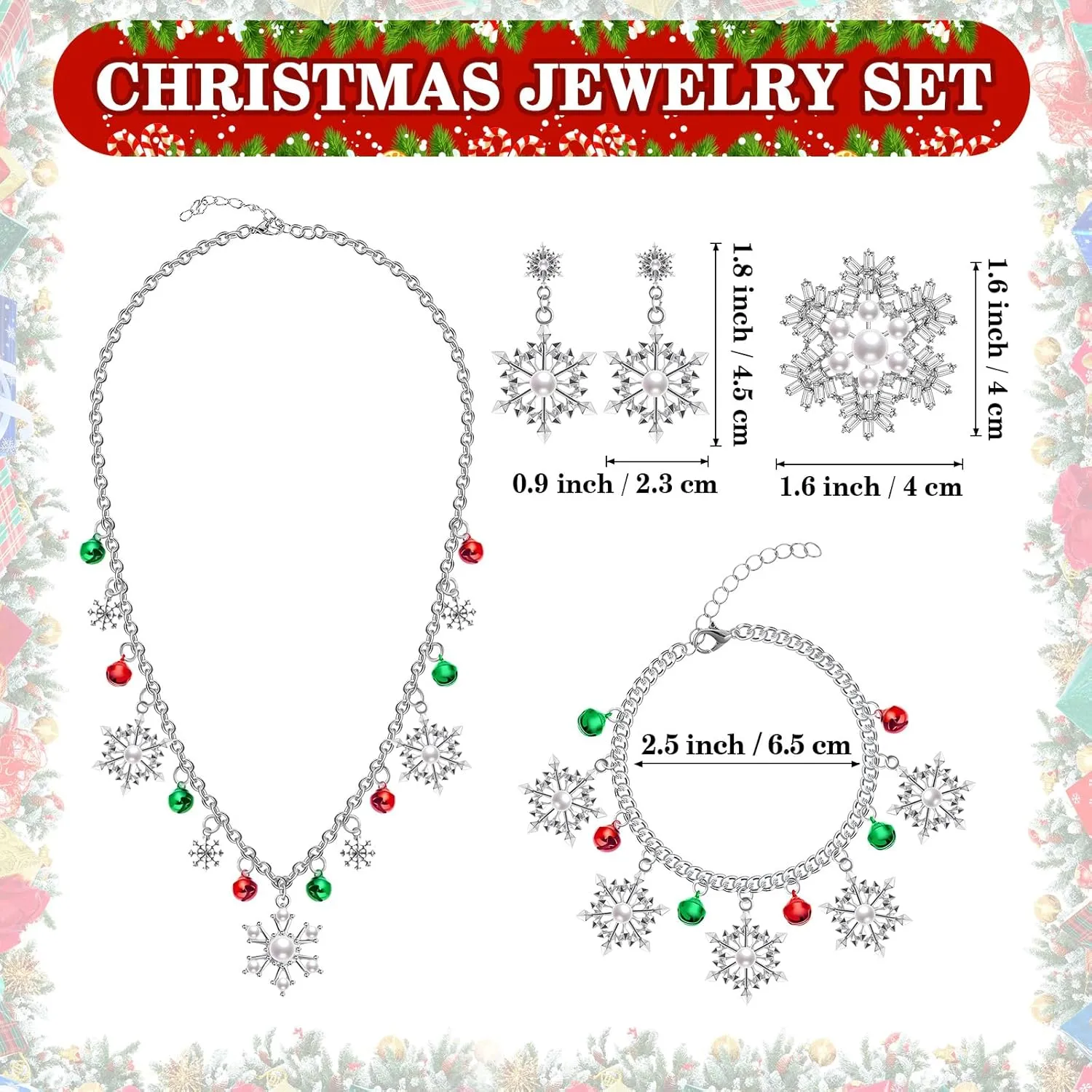 Jadive 4 Piece Christma Jewelry Set Christmas Festive Snowflake Bell Pendant for Women