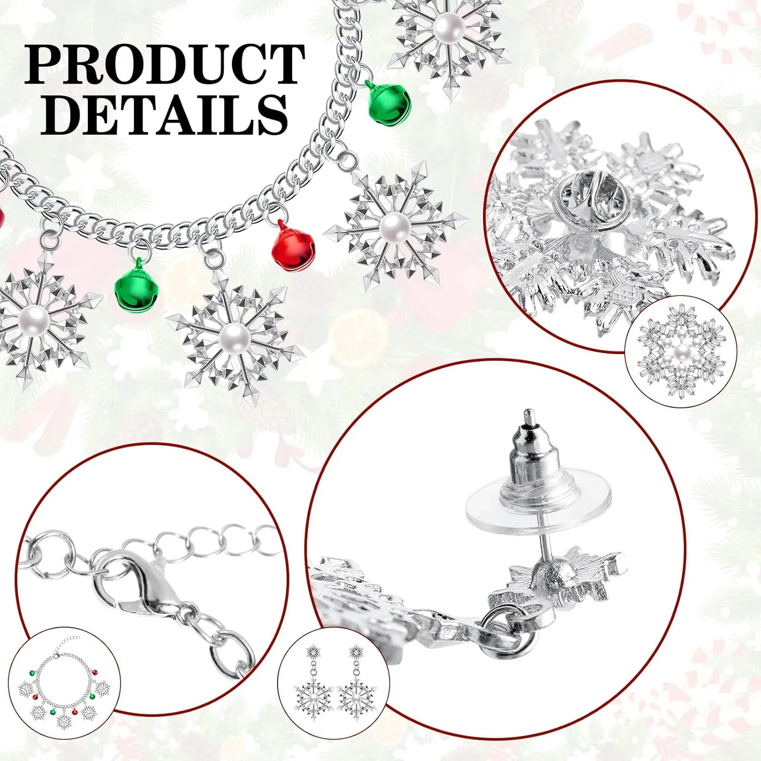 Jadive 4 Piece Christma Jewelry Set Christmas Festive Snowflake Bell Pendant for Women