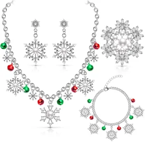 Jadive 4 Piece Christma Jewelry Set Christmas Festive Snowflake Bell Pendant for Women