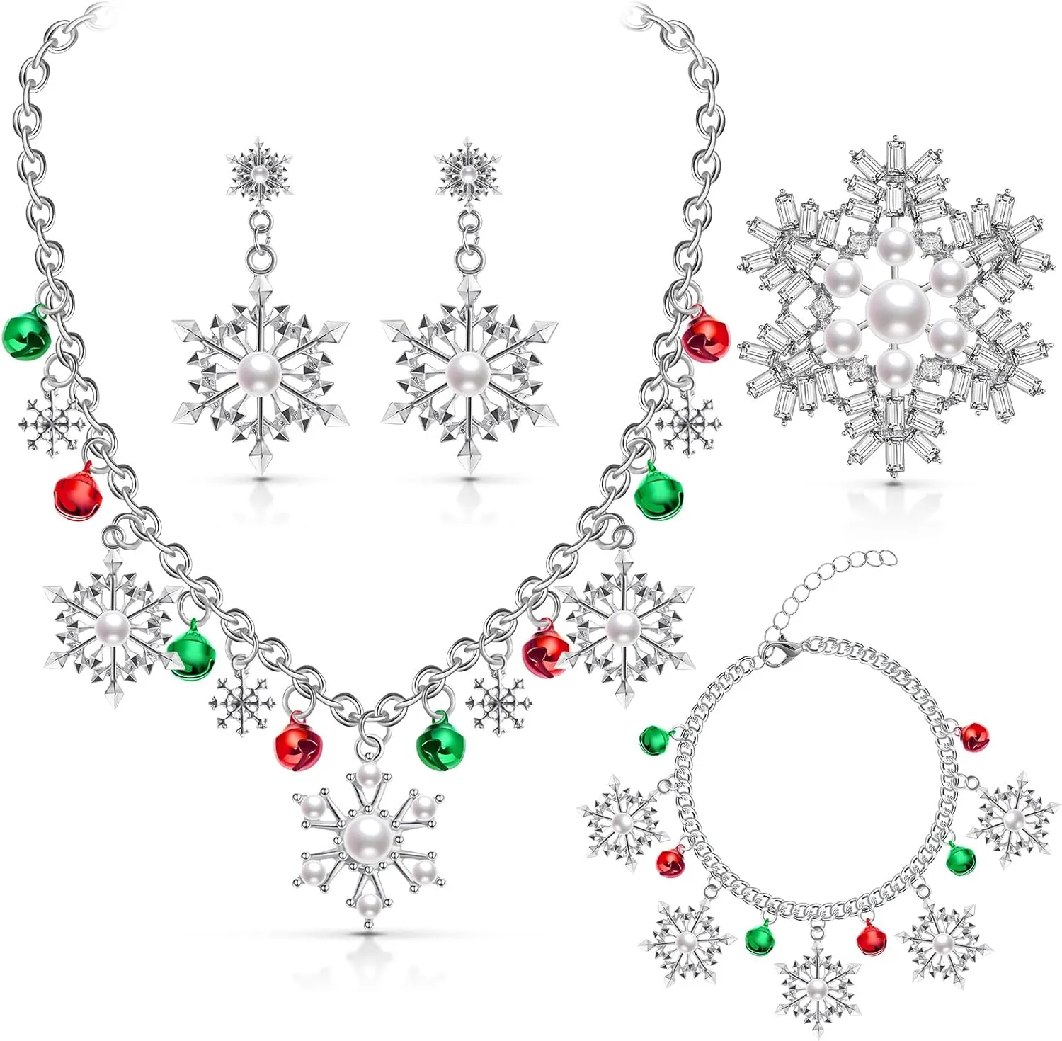 Jadive 4 Piece Christma Jewelry Set Christmas Festive Snowflake Bell Pendant for Women