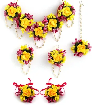 Jewellery Flowers Jewellery Set For Haldi Gota Patti Necklace, Earrings, Bracelet & Maang Tika for Women & Girls ( Mehandi/Haldi/Wedding/Bridal/Baby Shower ), Standard, Paper, No Gemstone