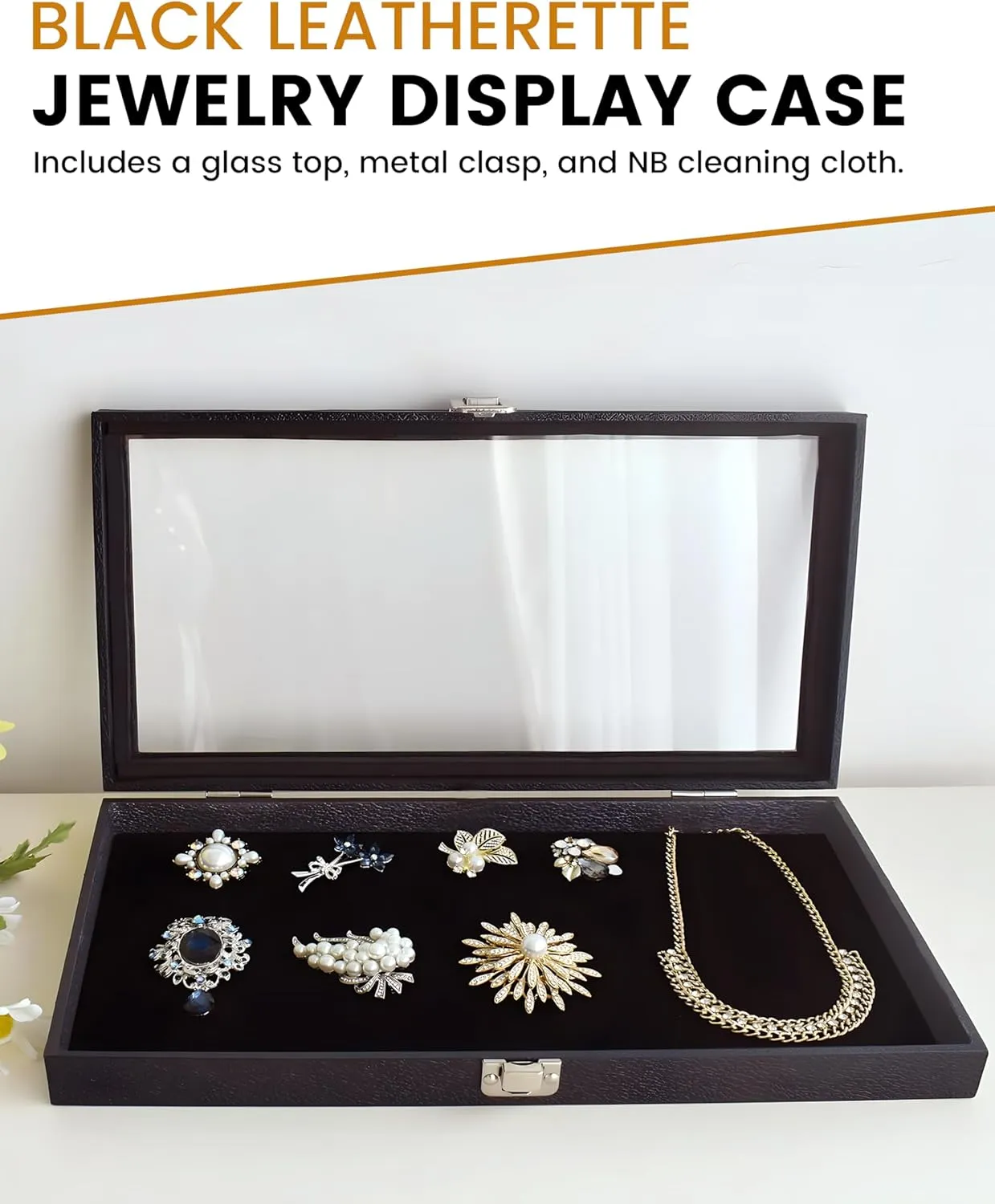 Jewelry Display Case Black Leatherette 8.25x7.25x2 Half Size Glass Jewelry Box with Lid | Display Cases for Collectibles | Rock Collection Box with Metal Clasp | Gem Display Case