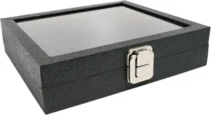Jewelry Display Case Black Leatherette 8.25x7.25x2 Half Size Glass Jewelry Box with Lid | Display Cases for Collectibles | Rock Collection Box with Metal Clasp | Gem Display Case