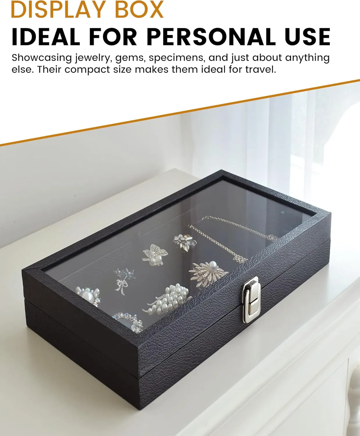 Jewelry Display Case Black Leatherette 8.25x7.25x2 Half Size Glass Jewelry Box with Lid | Display Cases for Collectibles | Rock Collection Box with Metal Clasp | Gem Display Case