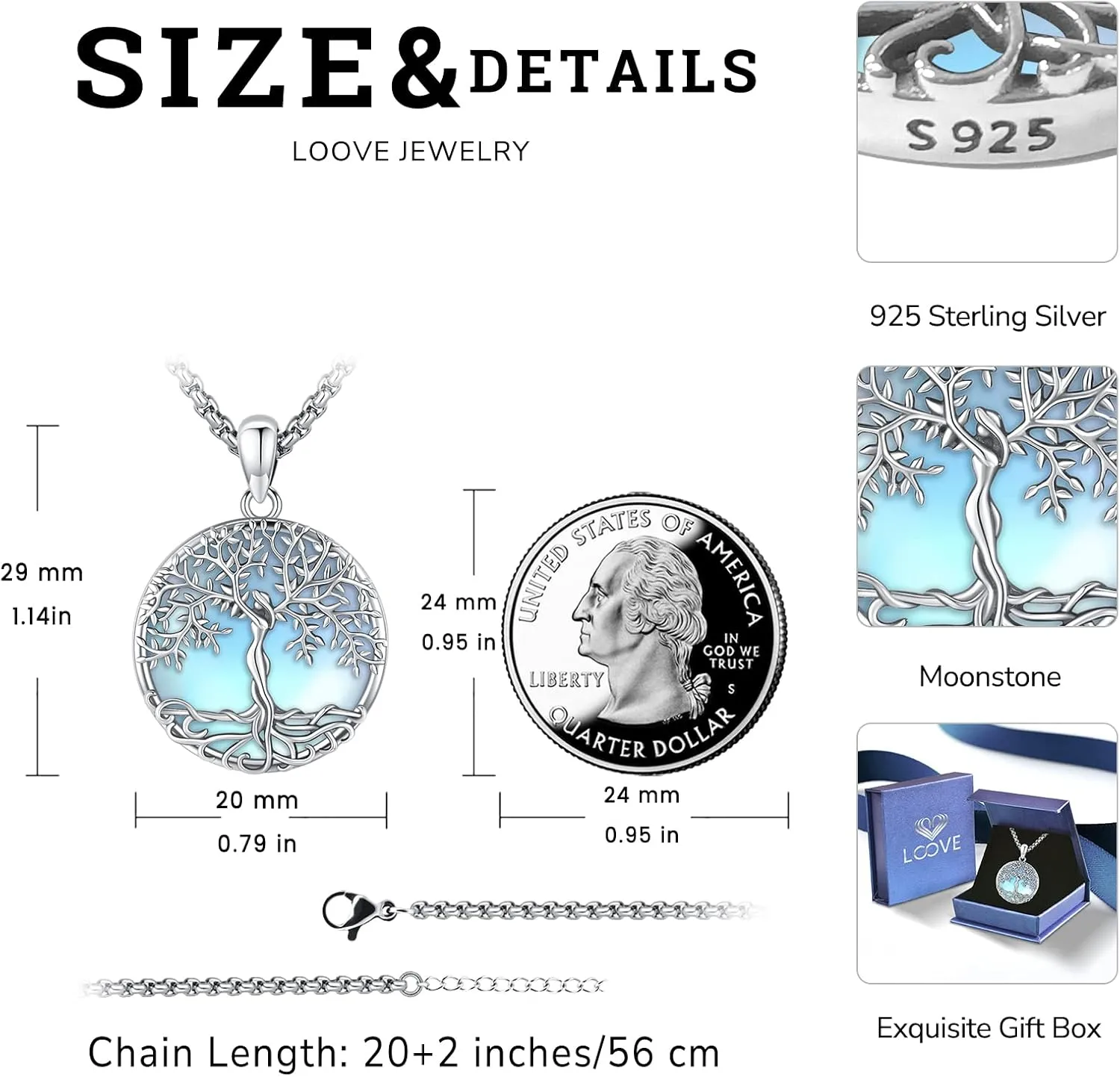 Jewelry Gifts - Tree of Life Necklace Sterling Silver Abalone Shell/Opal/Moonstone/Black Onyx/Turquoise/Malachite/Crystal Family Tree of Life Jewelry for Women Men