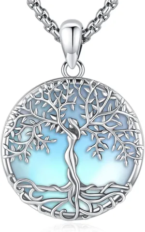 Jewelry Gifts - Tree of Life Necklace Sterling Silver Abalone Shell/Opal/Moonstone/Black Onyx/Turquoise/Malachite/Crystal Family Tree of Life Jewelry for Women Men