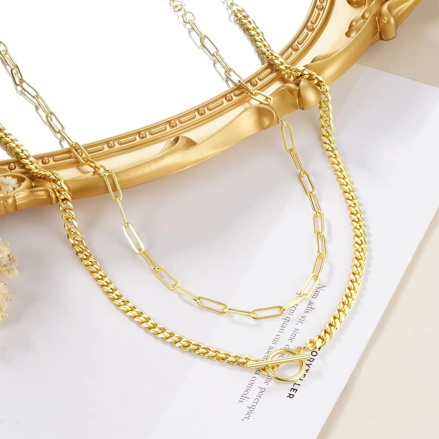 Jewlpire Gifts for Women Dainty Toggle Clasp Pendant Necklaces for Women, Silver / 14K Plated Gold Layered Necklaces for Women, Herringbone Necklace Cuban Link Paperclip Chain Jewelry for Women