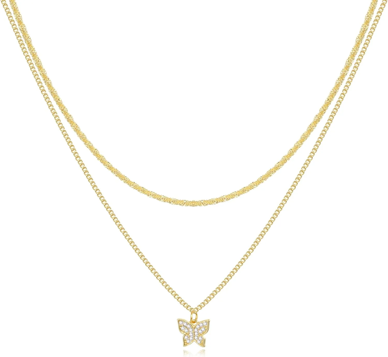 Jewlpire Gifts for Women Stylish Minimalist 14K Plated Gold Layered Necklaces for Women, Herringbone Chain Paperclip Chain with Toggle, Butterfly, CZ Heart Pendant Necklace for Women Trendy