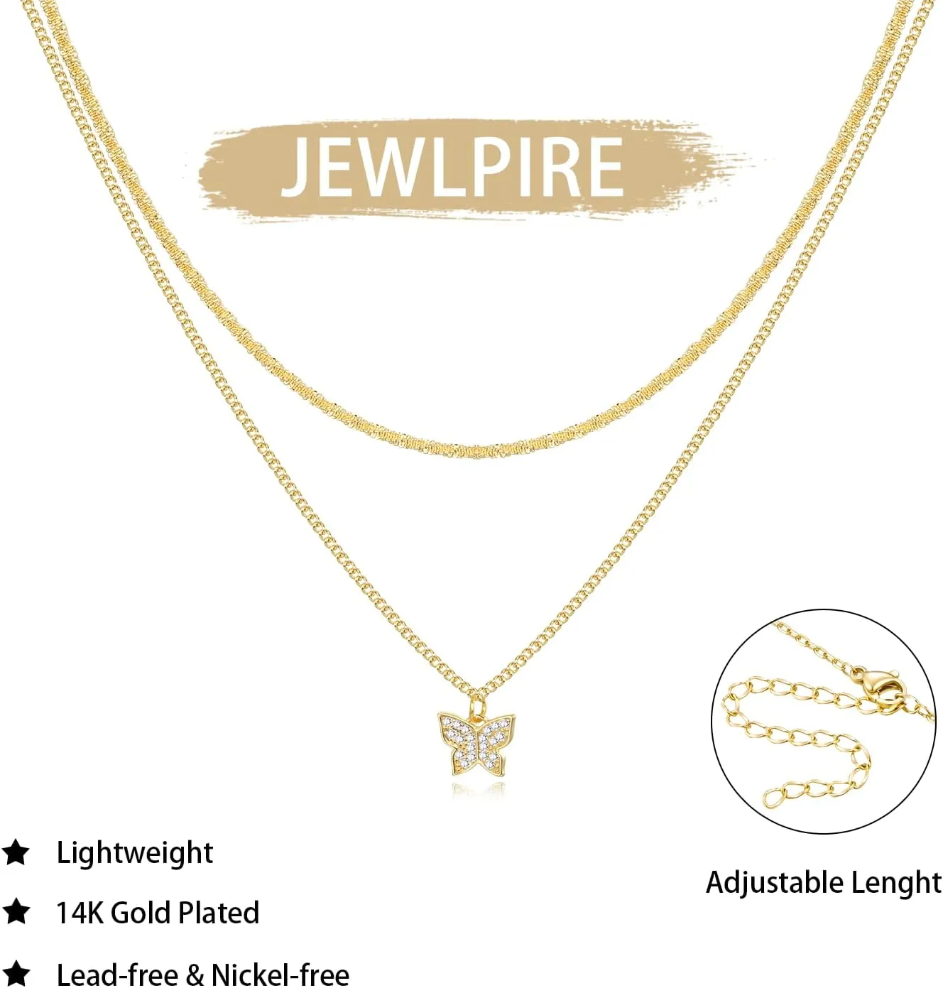 Jewlpire Gifts for Women Stylish Minimalist 14K Plated Gold Layered Necklaces for Women, Herringbone Chain Paperclip Chain with Toggle, Butterfly, CZ Heart Pendant Necklace for Women Trendy