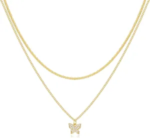 Jewlpire Gifts for Women Stylish Minimalist 14K Plated Gold Layered Necklaces for Women, Herringbone Chain Paperclip Chain with Toggle, Butterfly, CZ Heart Pendant Necklace for Women Trendy
