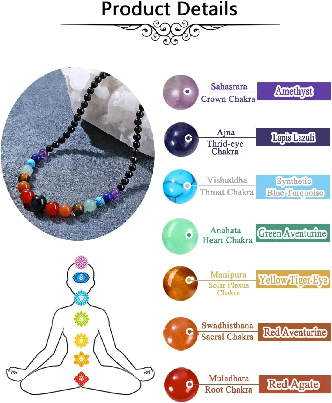Jovivi 7 Chakra Necklace for Women Natural Chakra Gemstone Healing Crystal Yoga Mala Beads Necklace Engery Reiki Crystal Beaded Necklace Jewelry Mothers Day Birthday Gift