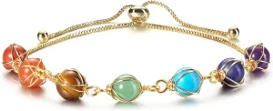 Jovivi 7 Chakra Stones Bracelets for Women Adjustable 14K Gold Wire Wrapped 8mm Natural Round Gemstone Beads Reiki Healing Crystal Ankle Bracelet Yoga Energy Jewelry